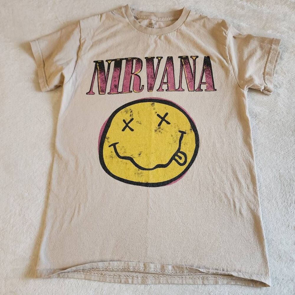 Nirvana Smiley Face Tan Graphic Tshirt Size Small